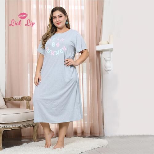 Lick Lip Plus Size Letter Printing Womens Nightgown Round Neck Mid-length Skirt Nuisette Casual stitching Home Dress SWD15313-3