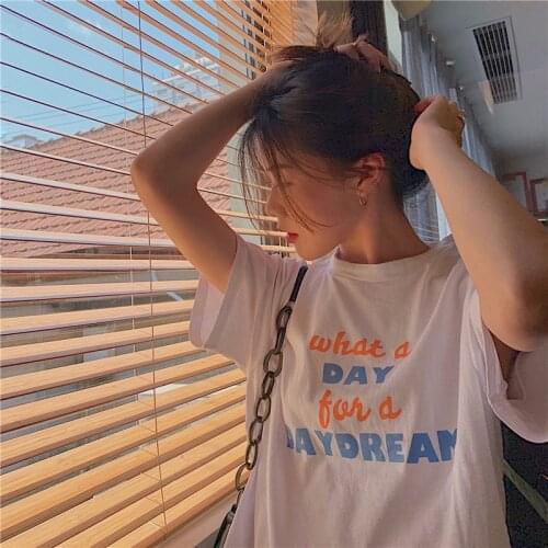 Womens Letter Print Loose Short Sleeve T-shirt Female Republic of Korea Fashion Style Top d88