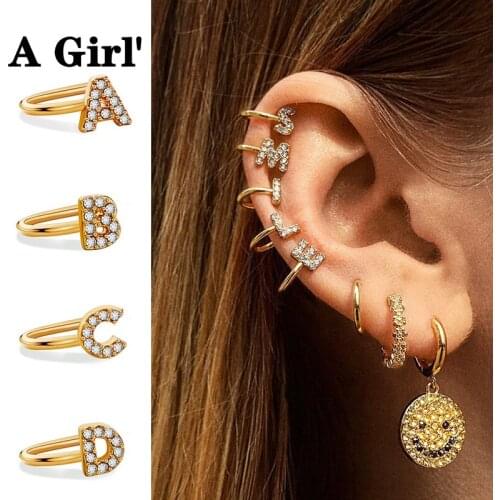 A Girl' 1Pcs Zircon Earrings for Women Creative 26 English Alphabet Earrings U-shaped Without Pierced Ear Clips Jewelry