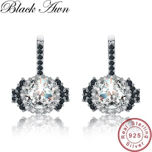 [BLACK AWN] Solid Sterling Silver Jewelry Design Novelty Stud Earrings for Women Female Black Spinel Stone Earrings T147