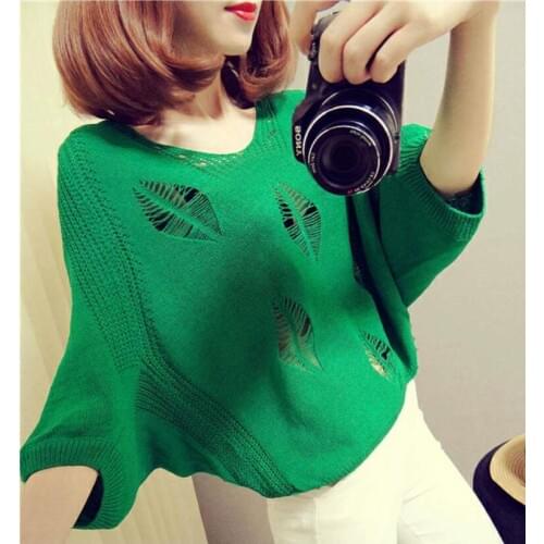 Womens Knit sweater short-sleeved loose hollow blouse female summer short paragraph bat shirt summer mesh shirt thin section