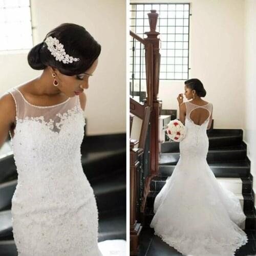 2021 Scoop Sheer Lace Appliques Mermaid Wedding Dress Open Back Bridal Gowns Spring Wedding Gown Vestidos De Mariee