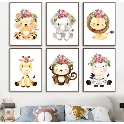 Animal Cub Flower On Head Elephant Giraffe Zebra Lion Wall Art Print Canvas Painting Nordic Poster Wall Pictures Baby Room Decor