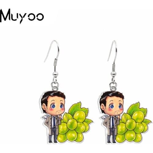 2021 New Acrylic Dangles Supernatural SPN TV Show Dean Sam Characters with Fruits Epoxy Fish Hook Earrings