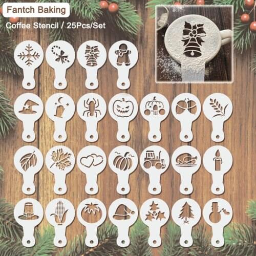 25Pcs/Set Thanksgiving Cappuccino Mould Fancy Coffee Stencils Christmas Spray Cake Mold Powdered Sugar Chocolate​ Cocoa Printing