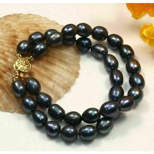 Genuine 2 row 8-9MM Natural black Freshwater Cultured Pearl Bracelet Bangle 7.5"