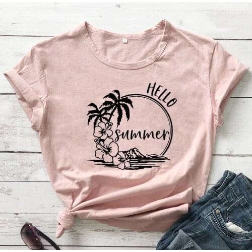 Hello Summer 100% Cotton T-shirt Cute Hawaii Beach Tshirt Funny Women Graphic Summer Vacation Tee Shirt Top Camiseta