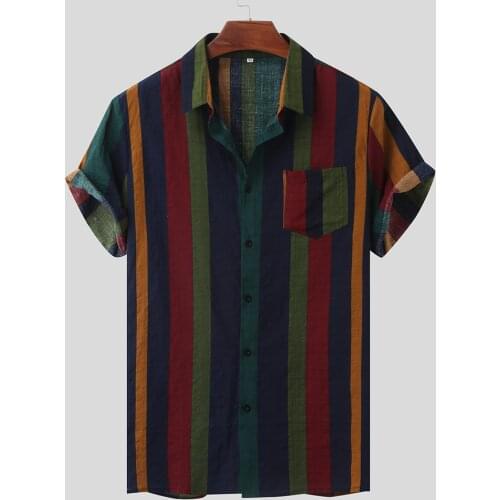 Hawaiian Shirt For Men Vertical Colorful Striped Shirt Mens Cotton Short Sleeve Chest Pocket Shirts Men Summer Korean Clothes