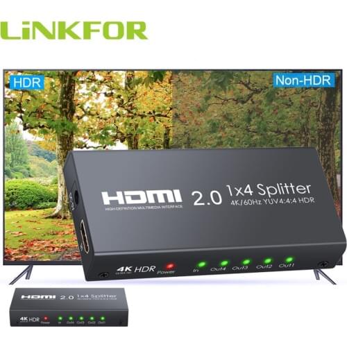 LiNKFOR Aluminum HDMI 2.0 Splitter Support 4K/60Hz YUV 4:4:4 HDR 1 in 4 out HDMI Splitter video Converter Adapter For PS4 HD TV