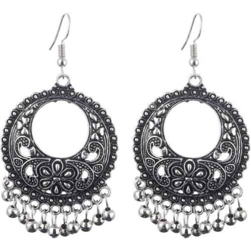 LOVBEAFAS Fashion Ethnic Boho Drop Earrings For Women Antique Silver Plated Flower Beads Tassel Vintage Earrings bijoux femme