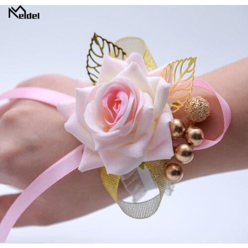 Meldel Bride Wrist Corsage Wedding Boutonniere Bridesmaid Lace Elastic Wristband Flower Party Prom Corsages Wedding Supplies