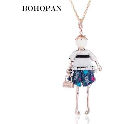 Fashion White Yellow T Shirt Doll Necklace Beautiful Handbag Cute Little Girl Doll Pendant&Necklace Long Chain Necklace Women
