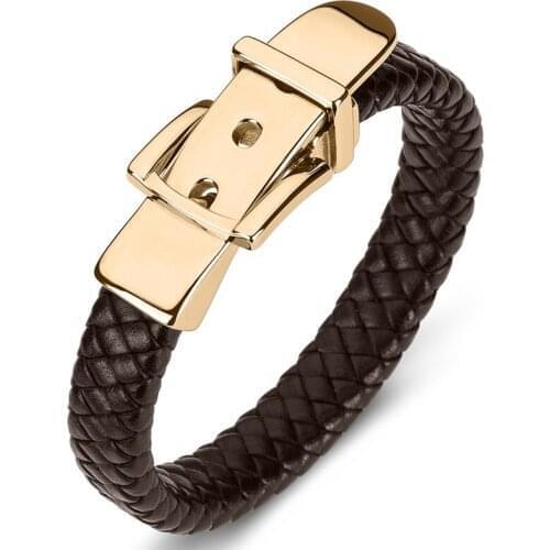 ZAER Mens Bracelet Punk Stainless Steel Retro Black Belt Buckle Leather Braided Bracelet Bustom Size Wholesale Laser Jewelry