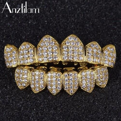 Hip Hop Micro Paved Bling Cubic Zirconia Iced Out Teeth Grillzs Top & Bottom Set Dental Grills Men’s Jewelry Gold Silver Color