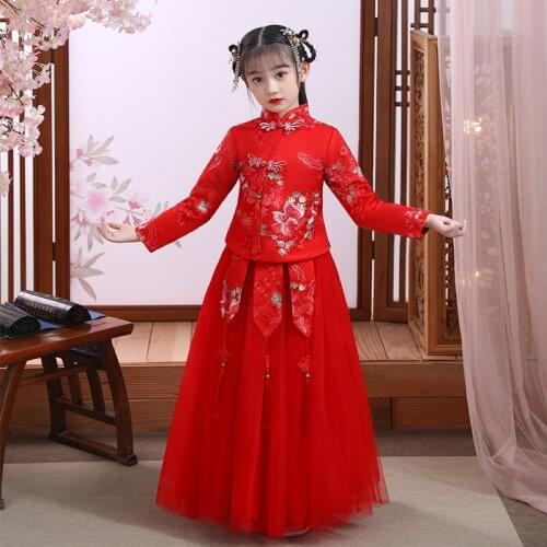 New Girls Winter Quilted Hanfu Cheongsam Girls Dress Elegant New Year Princess Children Party Dress Wedding Gown Dresses