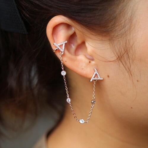 New Crossover design long link chain cz earring stud full cz paved earr cuff with oval cz triangle delicate earring stud