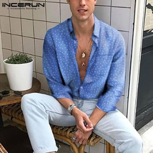 2021 Men Shirt Polka Dot Print Lapel Streetwear Loose Long Sleeve Pockets Men Clothing Button Casual Camisa Masculina INCERUN
