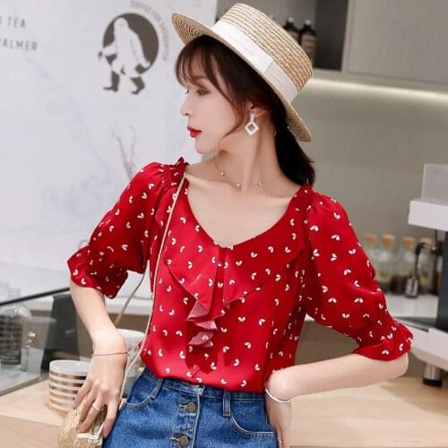 V Neck Floral Heart Korean Fashion Summer WomenS Clothing Short Sleeve Vintage Shirts Blouses Top New Vetement Femme 2021
