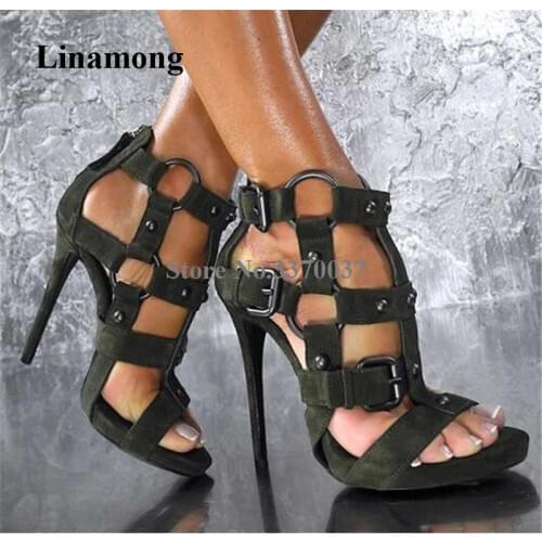 Western Fashion Style Open Toe Metal Buckle Decorated Stiletto Heel Gladiator Sandals Army Green Black High Heel Sandals Heels