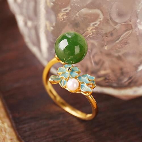 Silver inlaid natural Hetian jade opening adjustable ring Chinese style retro Court Style Enamel Charm womens brand jewelry