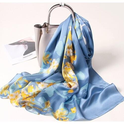 Silk Headband Scarf For Women Thin Handkerchief Luxury Print Echarpe Femme Natural Silk Long Scarf Bufandas Blue Shawls
