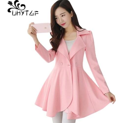 UHYTGF Spring trench coat for women Pure color wild Casual feminine coat Belt slim Skirt style elegant windbreaker womens 119