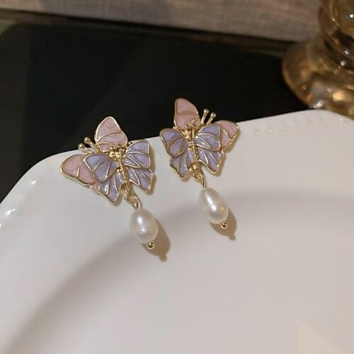 VSnow Delicate Double Butterfly Purple Pink Dangle Earring for Women Stylish Enamel Irregular Pearl Earring Jewelry Pendientes