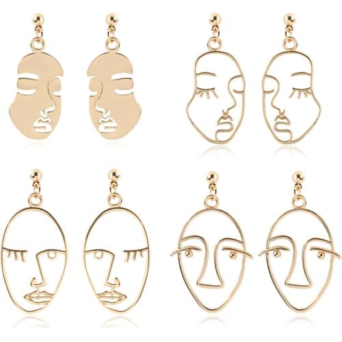 Punk Human Face Drop Earrings For Women Retro Abstract Hollow Out Statement Golden Face Dangle Earring Fashion Female Jewelry