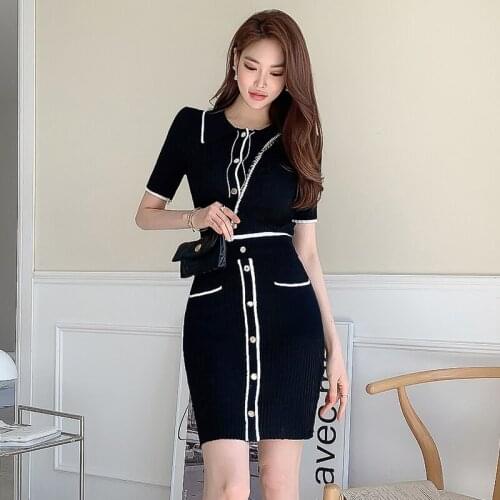 Single-breasted Pocket Short Sleeve Black Short Sets For Women New Summer Elegant Knitting Suit Thin Mini Skirt Two-Piece Outfit