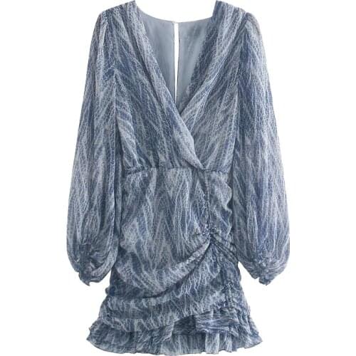 2021 New Women Chic Fashion Animal Print Asymmetric Draped Mini Dress Vintage Long Sleeve Ruffled Female Dresses Mujer