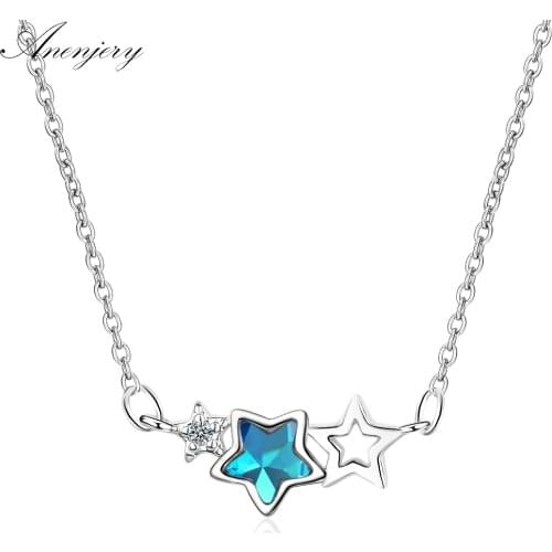 ANENJERY 925 Sterling Silver Blue Artificial Crystal Star Zircon Necklace For Women Clavicle Chain S-N78
