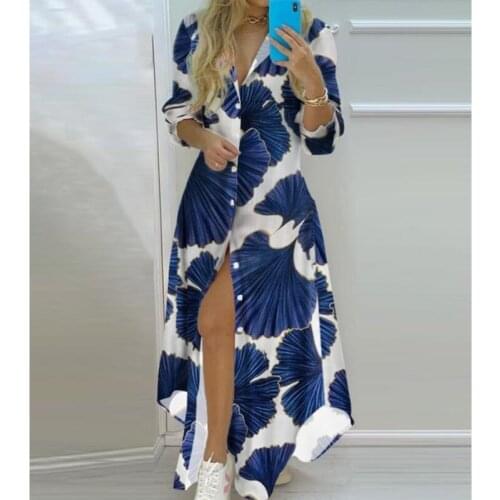 Maxi Beach Dress Elegant Women Button Long Shirt Dress Summer Split Print Lapel Neck Party Dress Long Sleeve Checked Plaid Robe