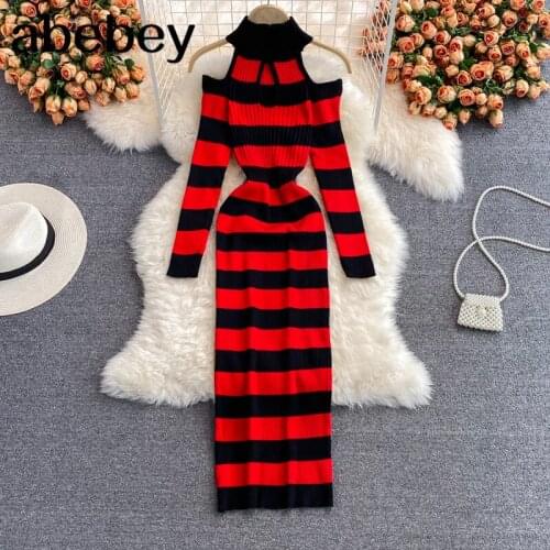 2021 New Spring Autumn Fashion high neck long sleeve off shoulder knitted Dress hollow out design high waist stripe Wrap Dress
