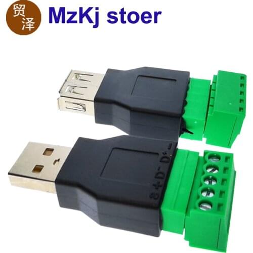 2PCS Hot New USB 2.0 Male Female To 5Pin Screw Connector USB Jack with Shield USB2.0 Type To Screw Terminal Plug