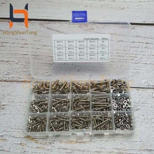360PCS M3/M4/M5 Nickl Plating Micro Thread Round Head Screw Nut Bolt Cross Round Flat Washer Spring Kit