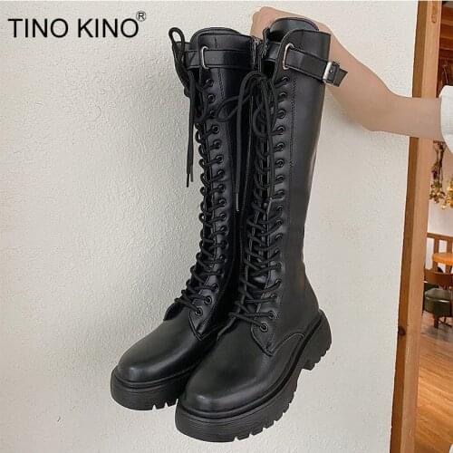 Women Mid Calf Boots Ladies PU Leather Shoes Lace Up Fashion Thick Bottom Motorcycle Long Boots Female Non Slip Autumn New Woman