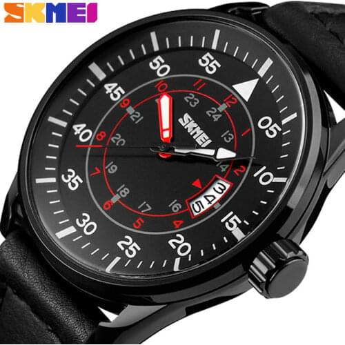 SKMEI Men Quartz Watches 50M Waterproof Genuine Leather Wristwatches Man Fashion Casual Watch Relogio Masculino 9113