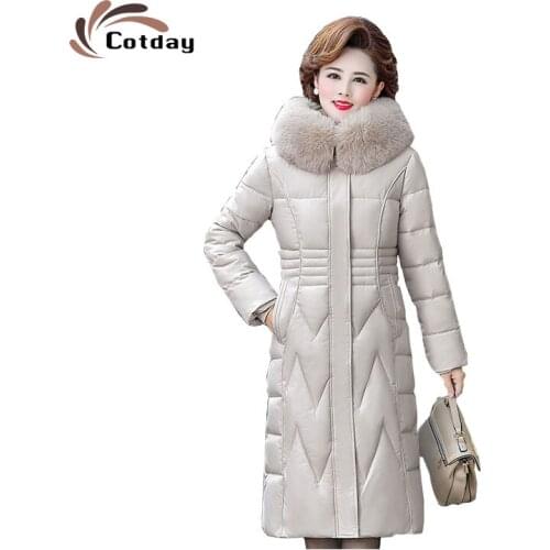 Cotday Long New Red Wine Winter Big Pocket Hooded Mother Windproof Jacket Thick Fur Collar Oversized Cotton Padded Women Coat