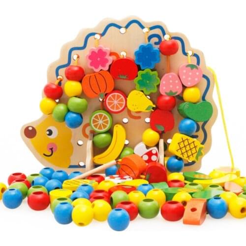 82Pcs Wooden Fruits Vegetables Lacing Stringing Beads Toys with Hedgehog Board Montessori Educational Toy for Kids Children Gift