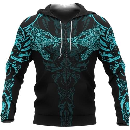 Geki & Freki Viking Wolf Turquoise Tattoo 3D Printed Unisex Deluxe Hoodie Sweatshirt Pullover Casual Tracksuit Zip Jacket DW0354