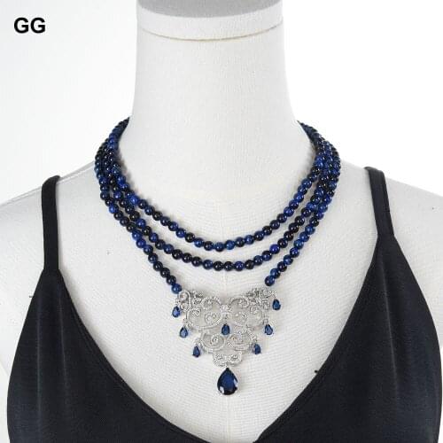 GG Jewelry Natural Stone 3 Strands Blue Round Tigers Eye Necklace CZ Flower Pave Pendant 18" Handmade For Women