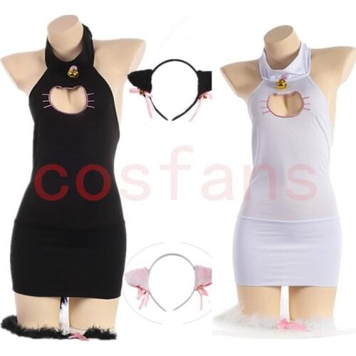 Kawaii Keyhole Cat Hollow Out Women Lingerie Set Skinny Dress + Neko Cat Tail Sexy Cosplay Costume White & Black