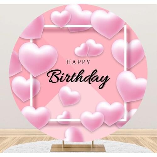 Laeacco Pink Love Heart Happy Birthday Party Customized Banner Poster Round Circle Photography Backdrops Background Photo Studio