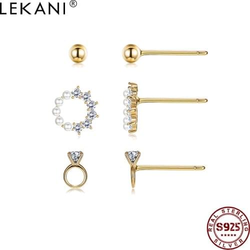 LEKANI 925 Sterling Silver Earrings For Women 5A Cubic Zirconia And Pearl Stud Earrings Korean Exquisite Small Earring Set