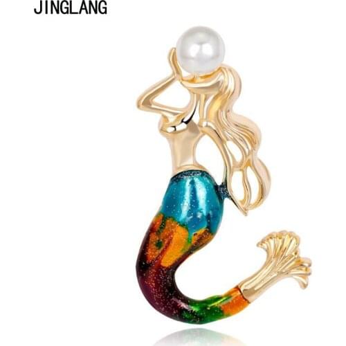 JINGLANG Gold Color Fashion Metal Brooches Pins Color Enamel Pearl Fish People Brooches For Women Wedding Decoration Jewelry