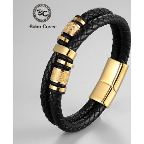 Genuine Leather Golden Stainless Steel Bracelets Homme Double Layer Men Black Magnet Clasp Friendship Luxury Jewelry Male Gifts