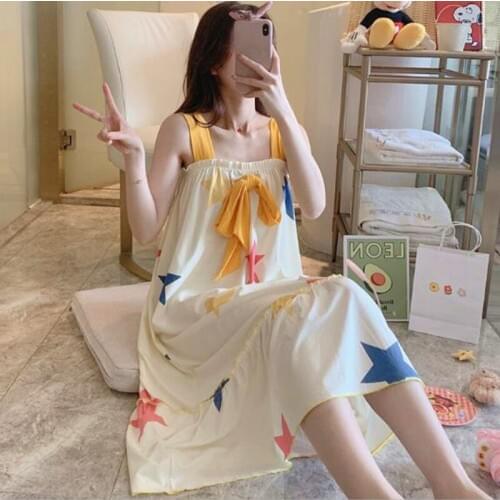 M-5XL Plus size nightgowns women sling vest dress loose cotton nightshirt female print nightdress cute spring summer night gown