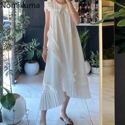 Nomikuma Folds Design Patchwork Sleeveless Dress Women Solid Color Irregular A Line Dresses Korean Elegant Vestidos Mujer 3c250