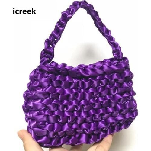 New arrival Fluorescent colot handbag Fashion Satin silk rope knitted bag stylish woven tote bag Holiday beach small retro purse