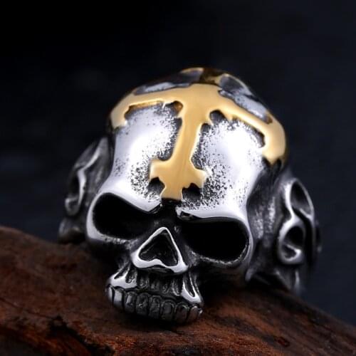 New Punk Biker Cross Fang Skull Ring For Man Stainless Steel Hot Sale Skeleton Style Jewelry BR8-140